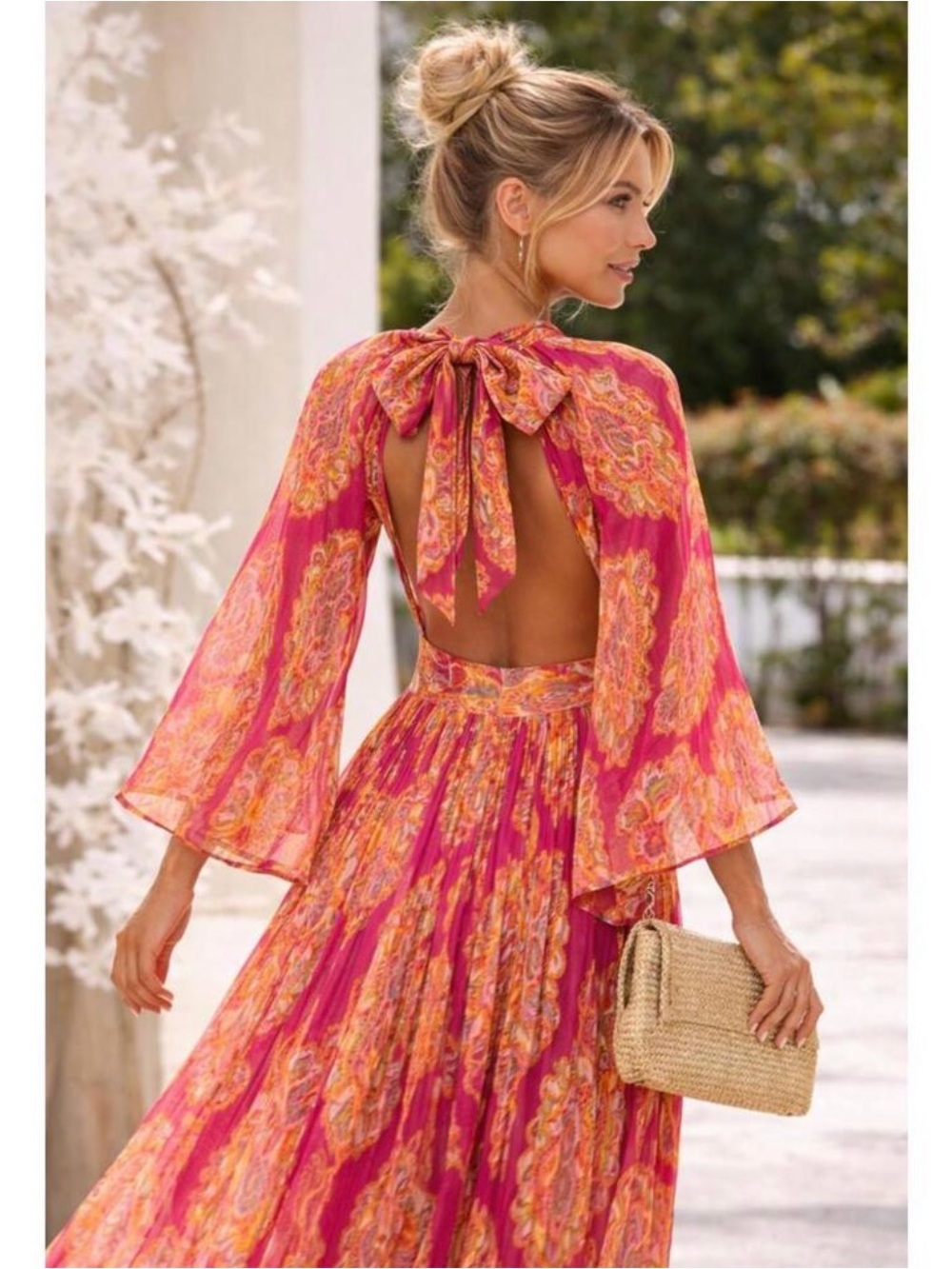 NWT High Neck Pink and Orange Paisley Pleated Open Back Maxi
Dress Size XL